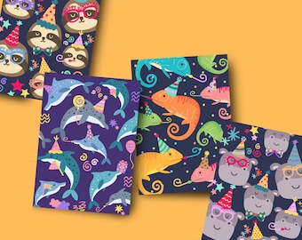 Set of 4 colorful animal birthday cards, funny kids birthday card set, gender neutral birthday cards, unique cards