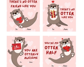 Otter valentines for kids, set of otter valentines for classroom, mini kids valentines, school classroom valentines in bulk with envelopes
