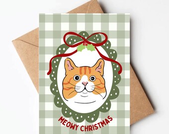 Orange cat Christmas card, coquette bow cat holiday card, meowy christmas