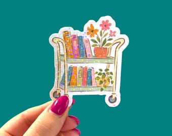 Holographic floral book cart sticker, book lover library sticker