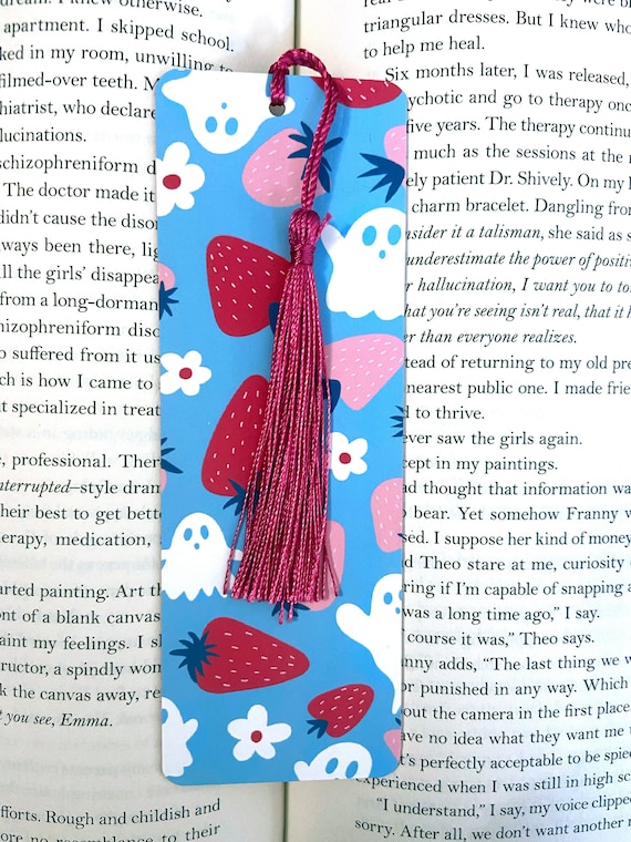 Strawberry ghost bookmark, cute halloween bookmark, funny ghost bookmark with tassel, halloween bookmark for women