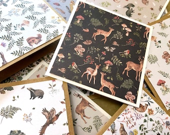 Mini woodland forest animal note cards, mini cards with envelopes, forest mushroom deer hedgehog cards