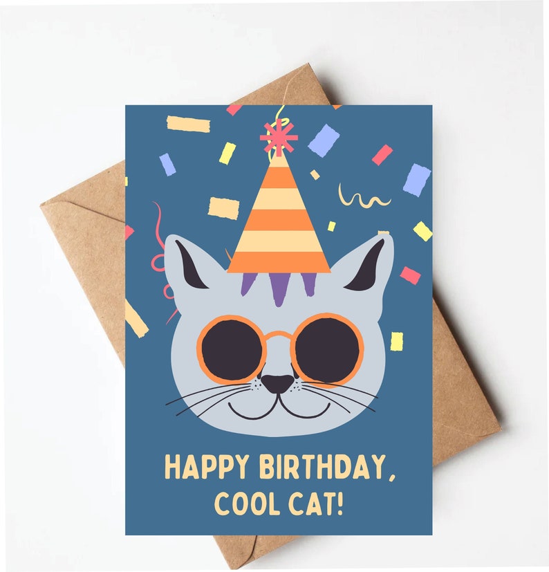 Cute Cat Birthday Card, Happy Birthday Cool Cat, Kids Cat Birthday Card ...