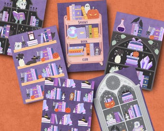 Set of 6 book themed halloween cards, spooky book club greeting card