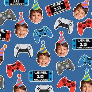 May include: A blue background with a pattern of video game controllers, a boy wearing a party hat, and text that reads "LEVEL 10 UNLOCKED". The controllers are in various colors.