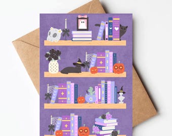 Halloween book shelf card, spooky bookish greeting card