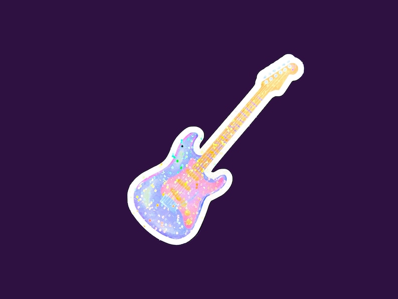 May include: A sticker of a colorful electric guitar with a white outline. The guitar is painted in shades of pink, blue, and yellow with a glittery effect.