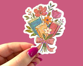 Holographic floral book bouquet sticker, book lover library sticker