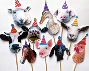 Farm animal cupcake toppers, funny animal cupcake toppers, farm birthday party decorations, farm birthday cake toppers