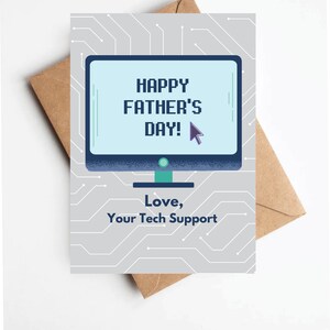 May include: A gray card with a computer screen on it. The screen says "Happy Father's Day!" with a blue cursor. The card has a circuit board pattern and the text "Love, Your Tech Support".