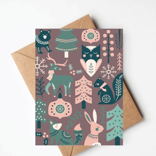 Pastel Scandinavian patterned Christmas card, pink modern holiday card, unique Christmas card blank with envelopes