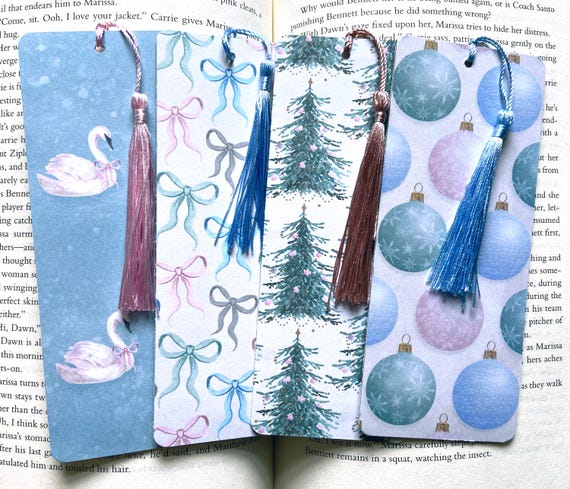 Pastel swan and bow Christmas bookmarks, pretty bow Christmas bookmark set, book lover gift, bulk bookmarks stocking stuffers