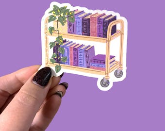 Holographic purple floral book cart sticker, book lover library sticker