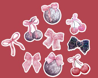Set of 10 pink disco ball coquette aesthetic sparkly holographic stickers, bow stickers, stickers for laptop or water bottle