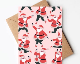 Dancing Santa Christmas card, funny holiday card, whimsical pink pastel Christmas card