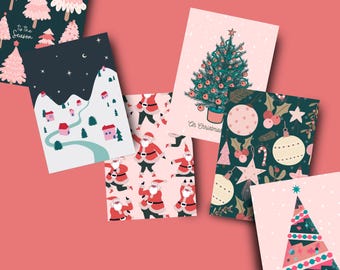 Set of 6 pink pastel Christmas cards, girly aestetic christmas card gift, cute holiday card set, pink christmas tree cards