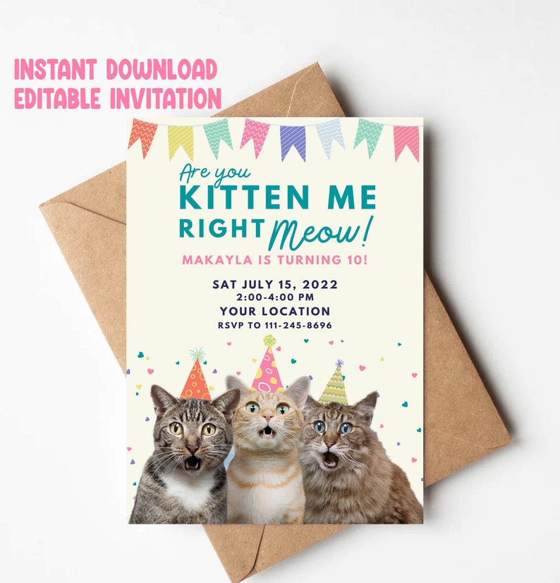 Cat birthday invitation, cute cat birthday invite, printable birthday invitation, are you kitten me, boy cat invite, girl cat invite image 3