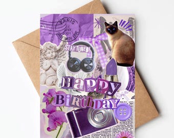 Carte d'anniversaire collage esthétique violette, carte de scrapbooking inspirée d'un journal indésirable, carte d'anniversaire violet girly pour un ami