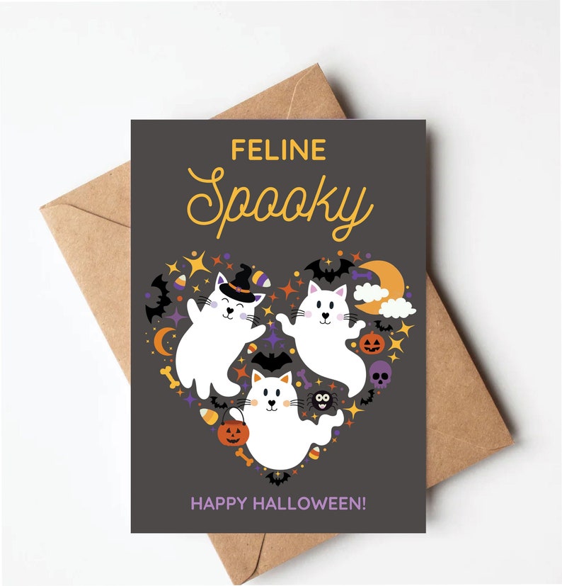 Cat Halloween card, feline spooky, funny halloween card for cat lovers image 1