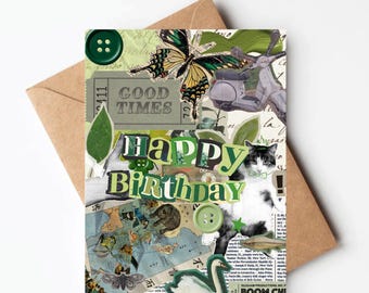 Carte d'anniversaire verte de collage vintage, carte de scrapbooking inspirée d'un journal indésirable, carte d'anniversaire verte girly pour un ami