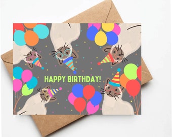 Siamese cat birthday card, cat lover birthday card, birthday card for her, funny birthday card, colorful birthday cards