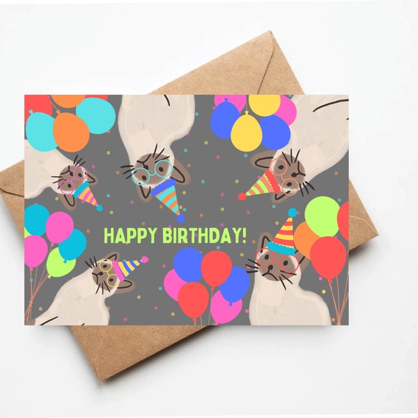 Siamese cat birthday card, cat lover birthday card, birthday card for her, funny birthday card, colorful birthday cards