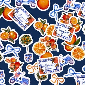 May include: Watercolor stickers on a navy blue background. The stickers feature oranges, orange trees in blue and white pots, blue scooters, bows, and rectangular cards with the text "Spritzin into Forever" and "Taylor".