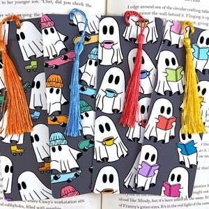 Colorful ghost bookmarks, spooky bookmark set, halloween bookmarks, book lover gift, horror book gift, bookmarks with tassel