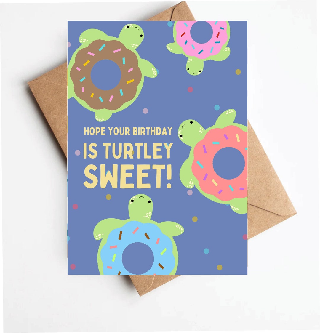 Turtle Birthday Card, Funny Illustrated Birthday Card, Donut Turtle ...