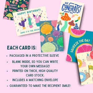 May include: Set of greeting cards with colorful illustrations. The cards feature various designs, including a cactus, seashells, a grapefruit, and a donut. Each card has a blank inside for writing a message and includes a matching envelope. The text on the cards reads "Happy Birthday!" and "Congrats!"
