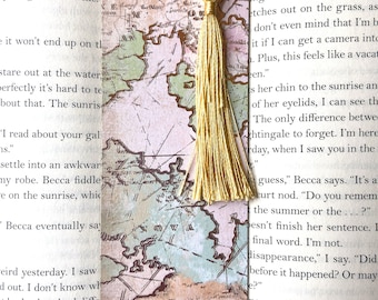 Map bookmark, adventure bookmark, pretty bookmark for women, bookmark with tassel, rose gold bookmark