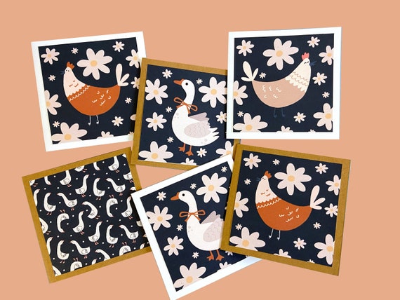 Mini chicken and goose notecards, chicken stationery set, silly goose cards, cottage core stationery, mini 3x3 note cards with envelopes