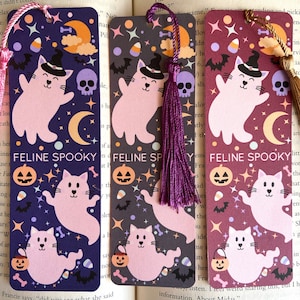 Halloween cat bookmark, cute cat bookmark with tassel, ghost cat bookmark, cat lover gift, book lover gift