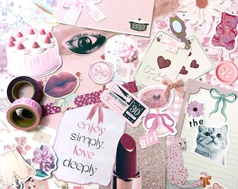 Mystery PINK junk journal grab bag, vintage girly scrapbooking ephemera, assorted scrap paper pack
