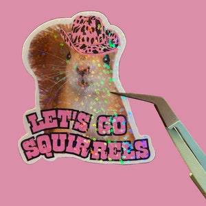 May include: A holographic sticker with a cartoon squirrel wearing a pink cowboy hat. The sticker says "Let's Go Squirrels" in pink letters.