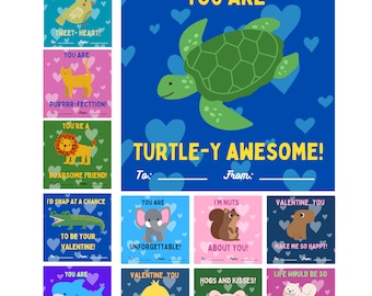 Funny animal valentines, set of animal pun valentines for classroom, mini kids valentines with envelopes, school classroom valentines