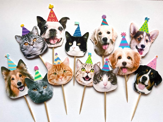 Cat cupcake toppers, dog cupcake toppers, cat and dog birthday decorations, lets pawty decorations