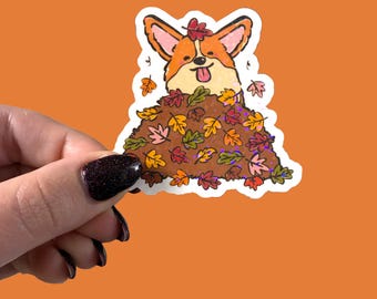 Fall corgi in the leave sticker, dog waterproof sticker for laptop or water bottle
