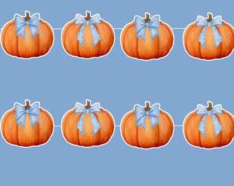 May include: Eight orange pumpkins with light blue bows on a light blue background. The pumpkins are a watercolor style illustration. The bows have a polka dot pattern. The pumpkins are a fall or autumn theme.