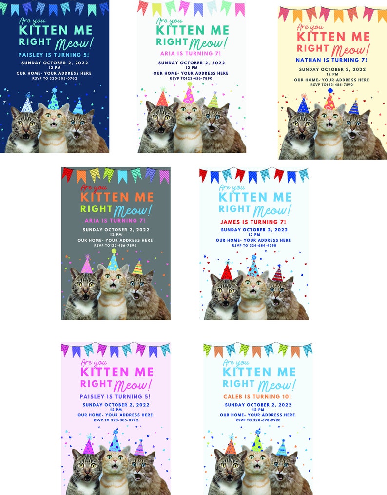Cat birthday invitation, cute cat birthday invite, printable birthday invitation, are you kitten me, boy cat invite, girl cat invite image 2