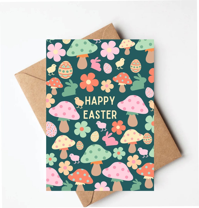 May include: A green card with a pattern of pink, yellow, and green mushrooms, flowers, and chicks. The text "Happy Easter" is in the center of the card.