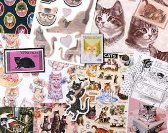 Mystery Vintage CAT junk journal grab bag, scrapbooking ephemera, assorted victorian cat scrap paper pack