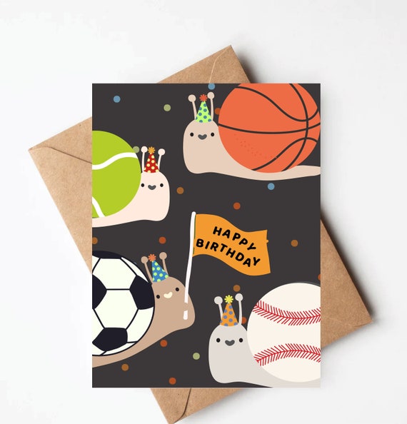 Sports balls Snail birthday card, funny illustrated birthday card for boys, cute kids sports birthday card