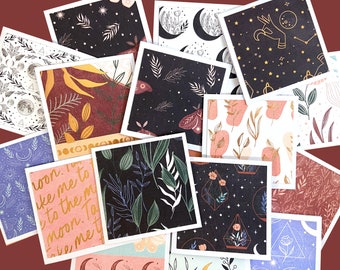 Mini celestial plant notecards, sun and moon mini cards in bulk, mini greeting cards, 3x3 notecards, moth notecards