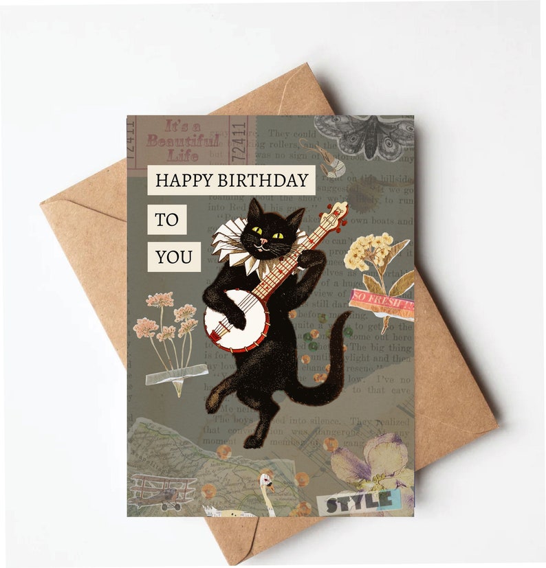 Vintage cat birthday card, funny cat birthday card, vintage collage birthday card, birthday card for her, unique birthday card image 1