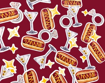 May include: A pattern of watercolor illustrations on a burgundy background. The design includes hot dogs with mustard, martini glasses with olives, diamond rings, and yellow starbursts.