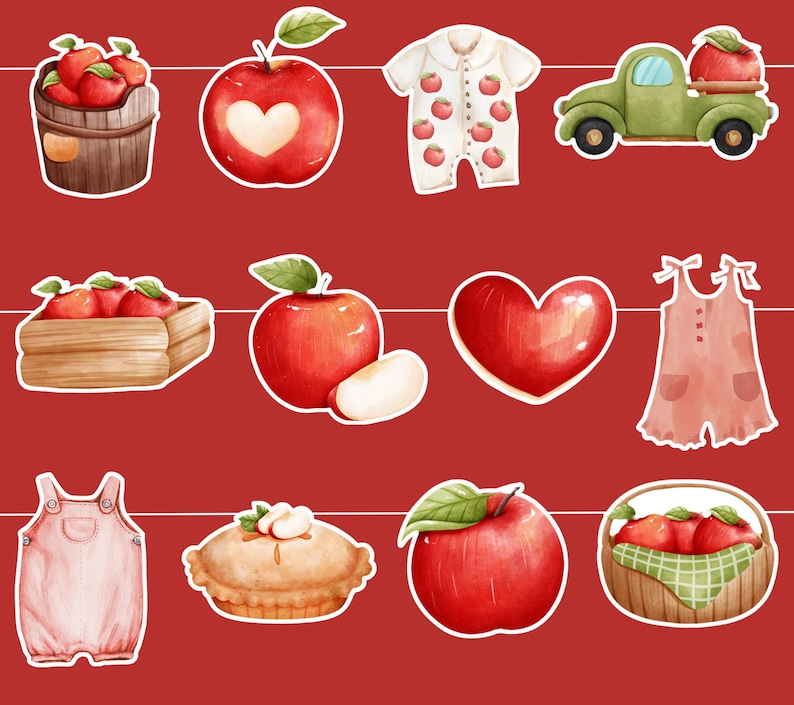 May include: A collection of watercolor illustrations featuring apples, a wooden barrel and crate filled with apples, a heart-shaped apple, a baby onesie with apple designs, a green truck carrying an apple, a heart, a pie, and a basket of apples. The background is red.