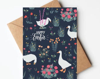 Floral goose Easter card, pretty cottage core goose easter card, unique spring chicken greeting card