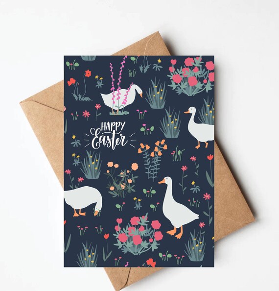 Floral goose Easter card, pretty cottage core goose easter card, unique spring chicken greeting card