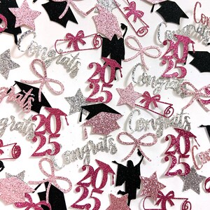Pink 2025 graduation confetti, personalized name confetti, pink bow coquette graduation decorations, girl table scatter college high school